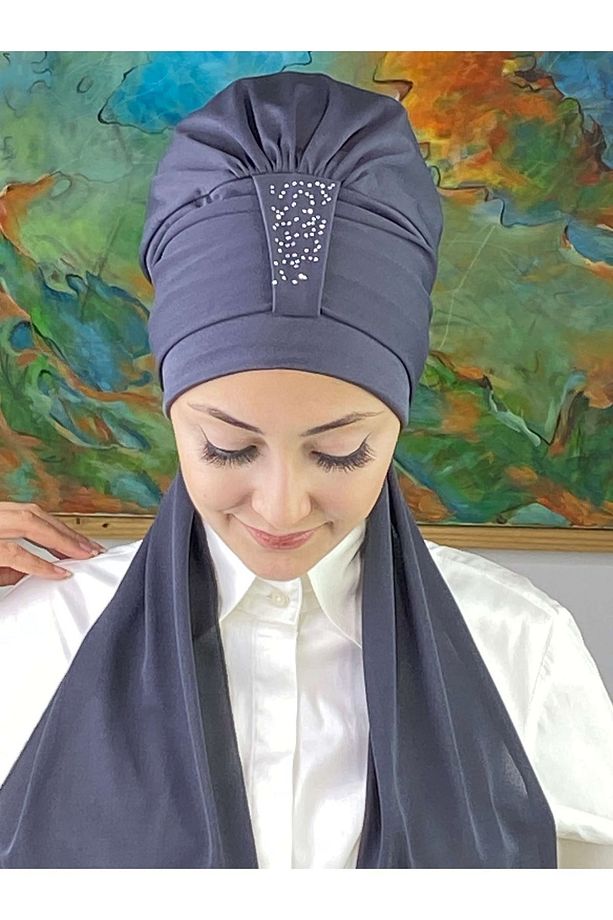 Hürrem Model Tek Biritli Atkılı Taşlı Antrasit Bone - 5