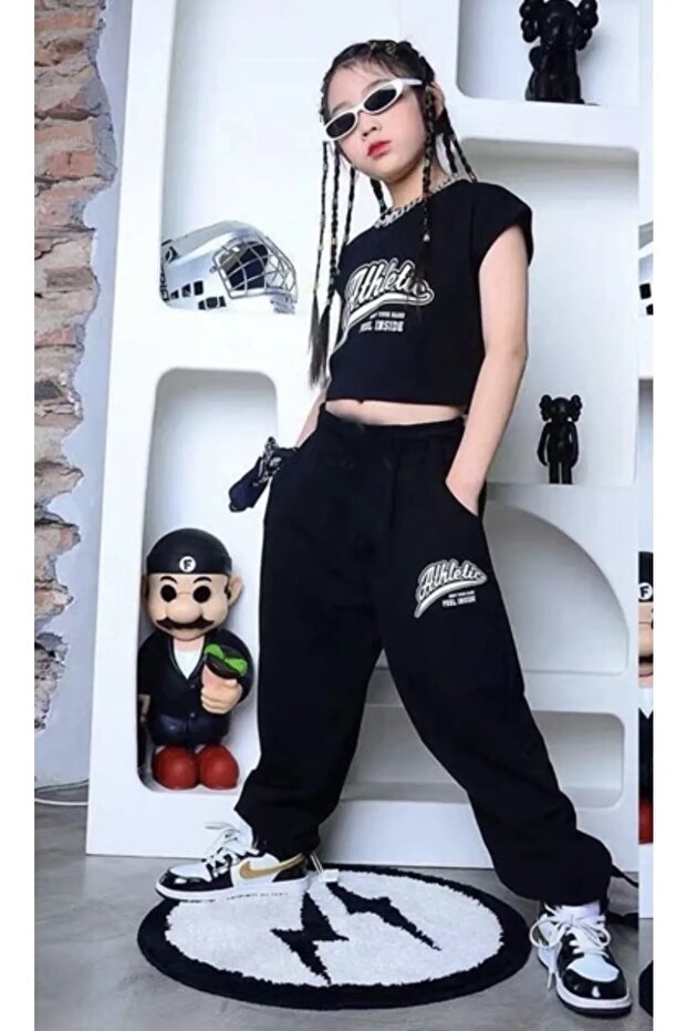 Printed Summer Oversize Combed Cotton Children's Short Sleeve Crop T-Shirt Tracksuit Set