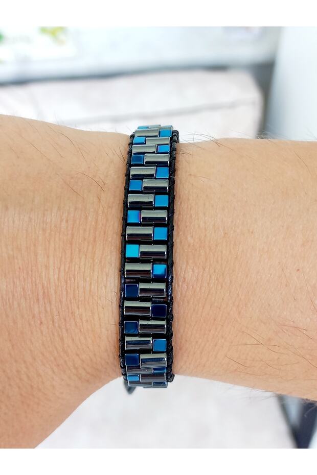 Blue Gray Hematite Natural Stone Black Leather Bracelet