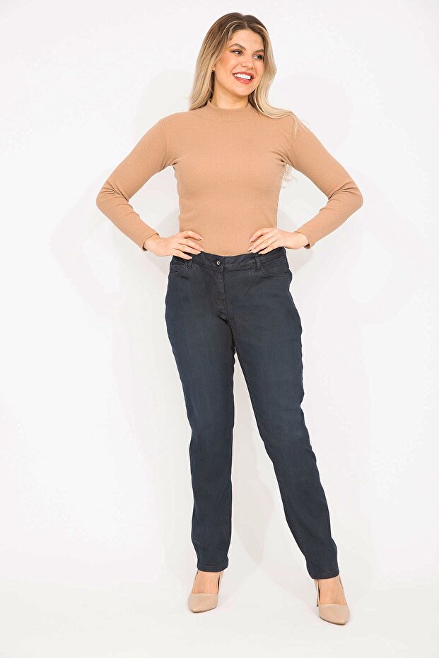 Women's Navy Blue Large Size 5 Pocket Lycra Jeans 65n36681