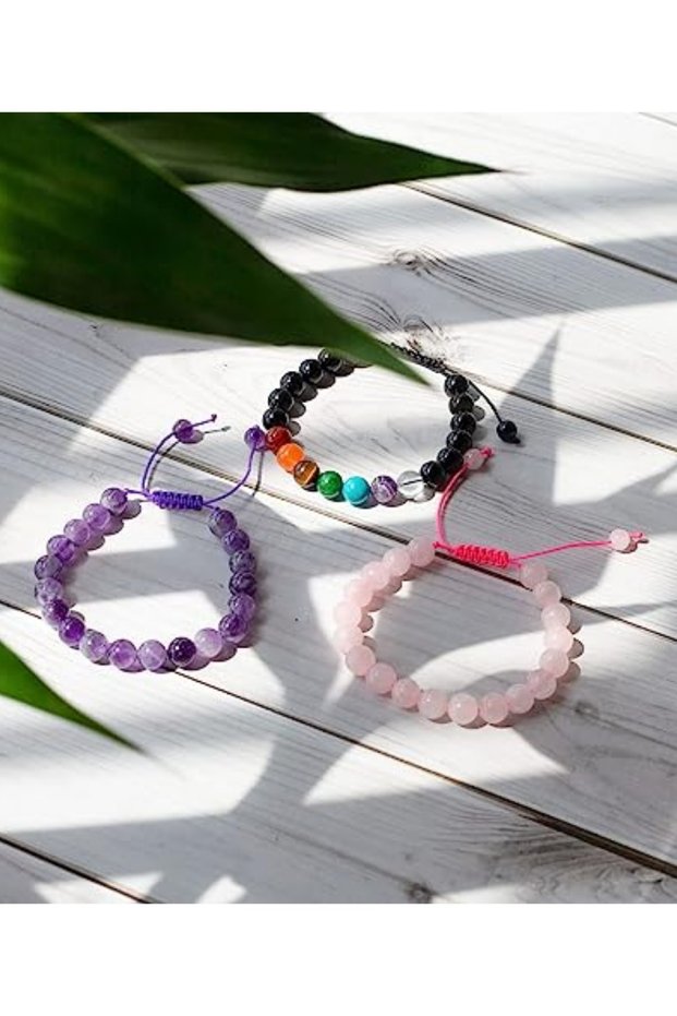 Gorgeous Set of 3 Amethyst, Pink Quartz, Chakra Natural Stone Bracelet Aa Quality