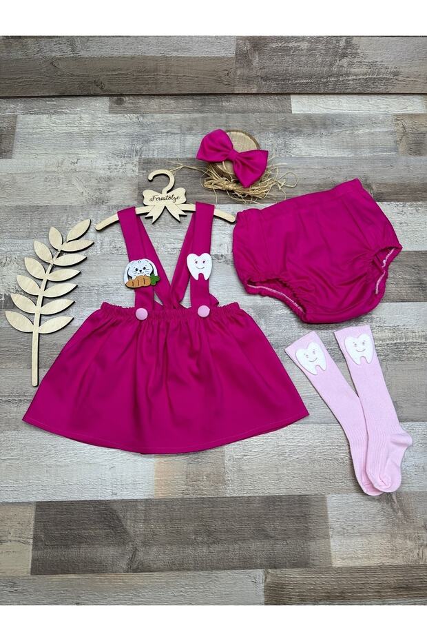 Baby girl tooth wheat pink skirt salopet bloomer socks buckle set