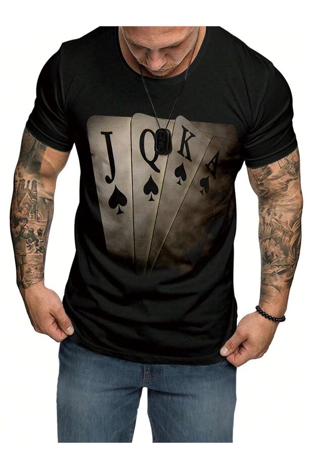 Large Size Men's 4-Piece Card Front Detail Printed Oversize Crew Neck 100% Cotton Black T-Shirt
