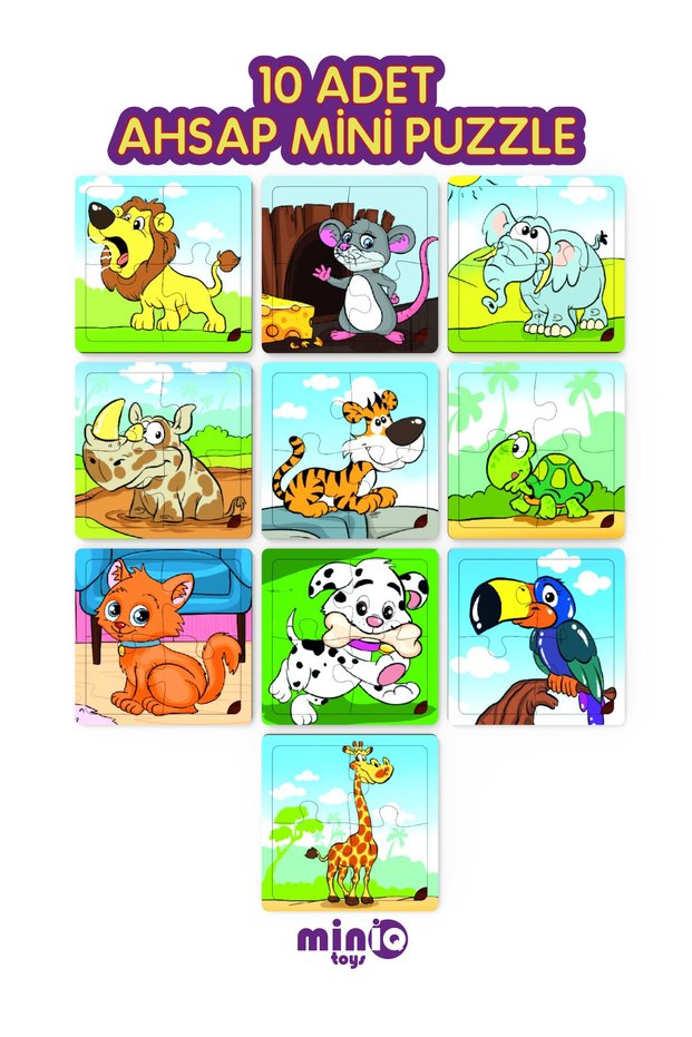 minIQ toys Wooden Mini Puzzle Set of 10 - Mischievous Dog, Sad Cat, Noisy Lion, Dwarf Giraffe...