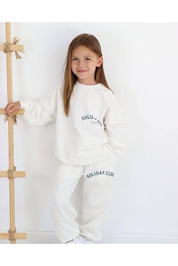 Unisex Soliday Club Printed Children's Tracksuit Set - 3 Thread Ribbed Set
