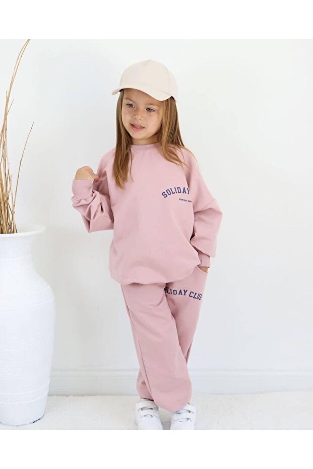 Unisex Soliday Club Printed Children's Tracksuit Set - 3 Thread Ribbed Set