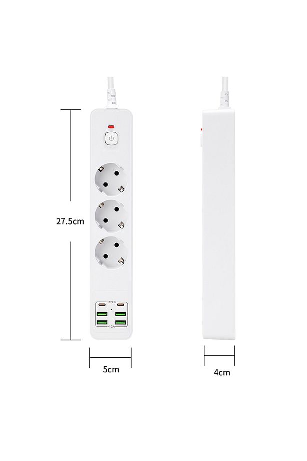 H-01 Hızlı Şarj İstasyonu 3000W 3 lü Priz 2 Metre Uzatma Kablosu Çoklu Priz 4 Usb 2 Type C On/Off - 4
