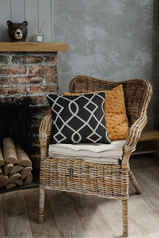 Black Decorative Patterned Printed 42x42cm Cotton Woven Throw Pillow Pillow Case