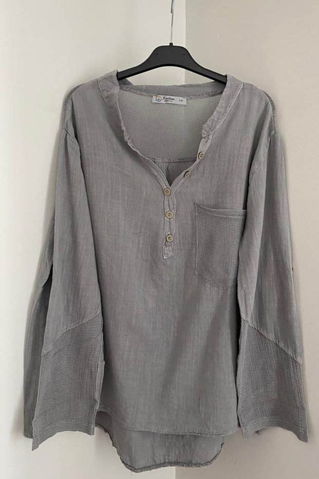 Women's Gray Pocket Sleeves and Back Mesh Detailed Foldable Sleeves Cotton Linen Blouse