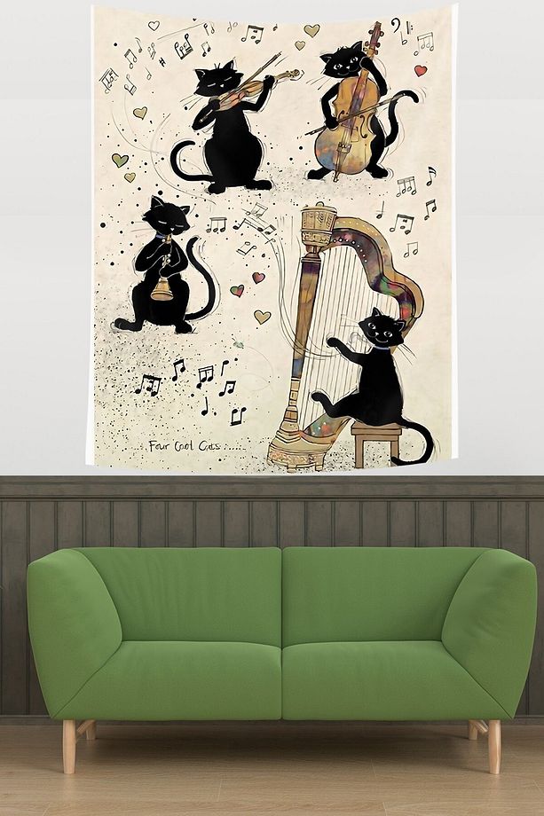 Müzisyen Kediler Notalar ve Kalpler Leke Tutmaz Kumaş Duvar Örtüsü Duvar Halısı Tapestry - 1