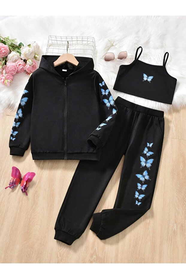 Black Butterfly Printed Girl's Zippered Jacket, Crop and Tracksuit Set