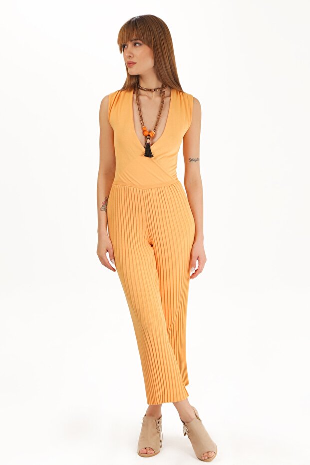 Women's Orange Summer Knitwear Double-Breasted Jumpsuit
