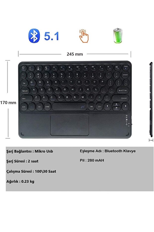 Lenovo Tab M10 (3.Nesil) TB328FU Tablet Uyumlu Şarjlı Touchpadli Yuvarlak Tuş RGB Bluetooth Klavye - 5