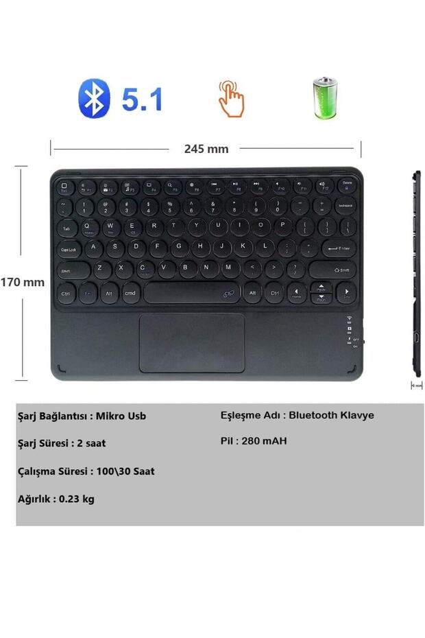 Xiaomi Redmi Pad 6 Tablet İçin Uyumlu Şarjlı Touchpadli Yuvarlak Tuş RGB Bluetooth Klavye - 5