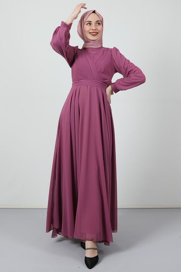 Önü Çapraz Şifon Elbise Pembe - 1