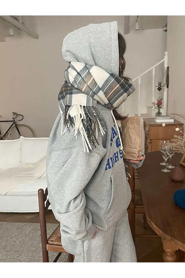 Natick High School Kombin Alt Üst Eşofman Takımı - Gri Baskılı Oversize Lastik Paça Kapüşonlu - 6