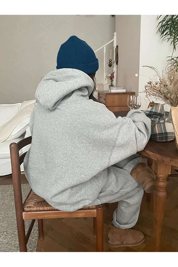 Natick High School Kombin Alt Üst Eşofman Takımı - Gri Baskılı Oversize Lastik Paça Kapüşonlu - 7