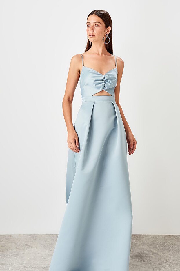 Mavi Bel Dekolteli Abiye Elbise TPRSS19VF0041 - 4