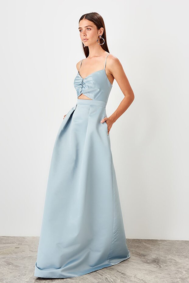 Mavi Bel Dekolteli Abiye Elbise TPRSS19VF0041 - 1