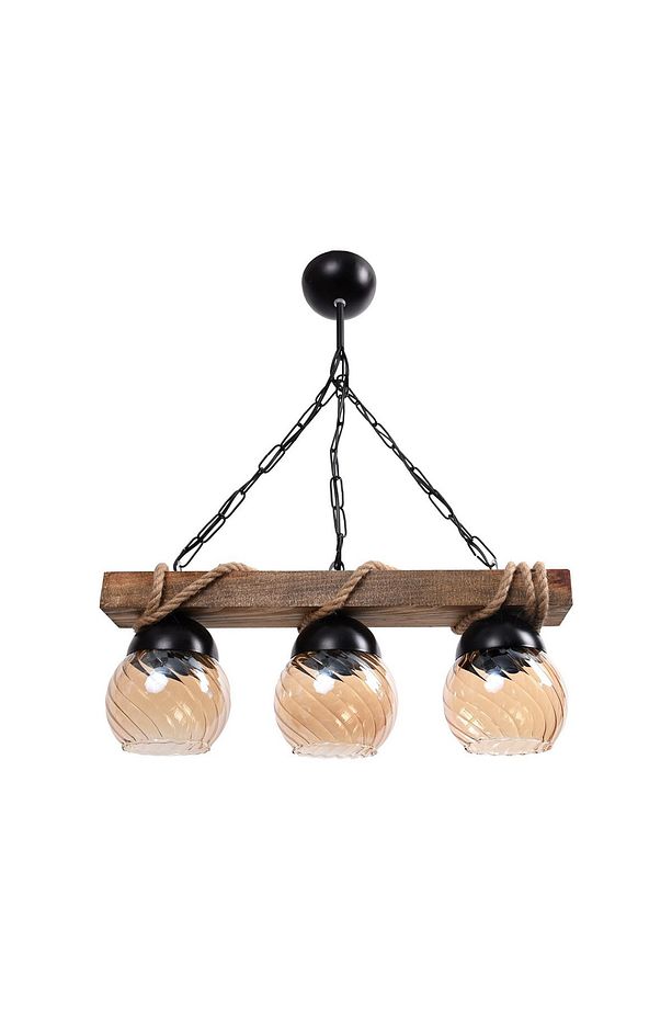 3 Lü Rustik Nigrum Camlı Halatlı Ahşap Avize - 1