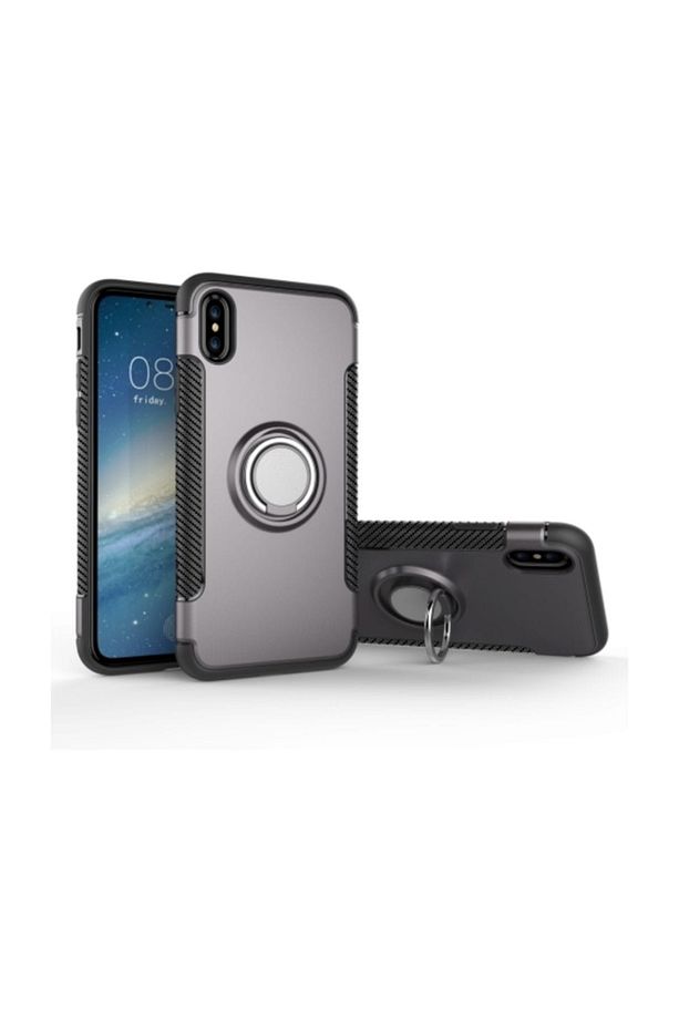 İphone X Xs 360 Doner Yüzüklü Darbe Emici Armor Tpu+pc Kılıf GRİ - 1