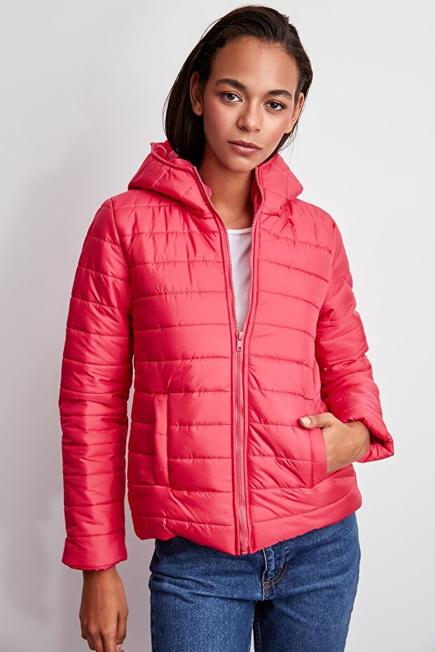Fuşya Kapüşonlu Fermuar Kapamalı Şişme Mont TWOAW20MO0018 - 1