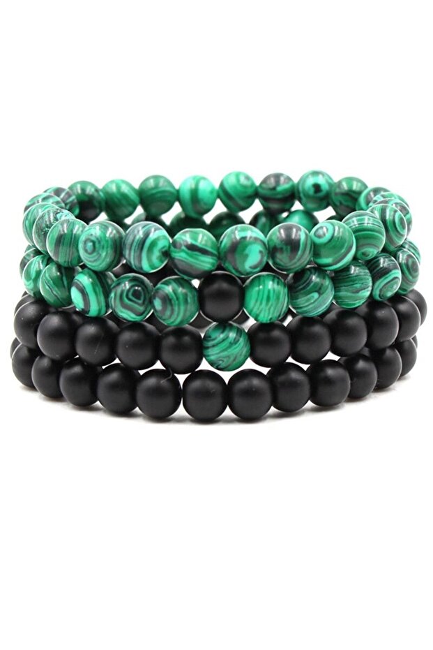Unisex Quadruple Malahit-Matt Onyx Natural Stone Bracelet Set 72436BL