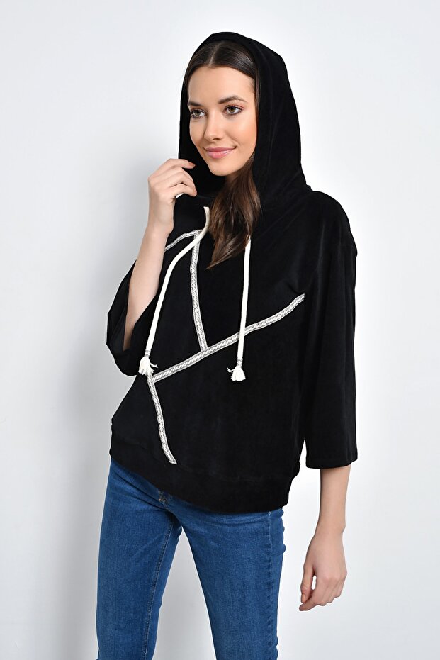 Kapüşonlu Kadife Sweatshirt - 1