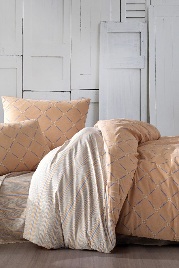 Double Duvet Cover Set Lılıane 100% Cotton Brown