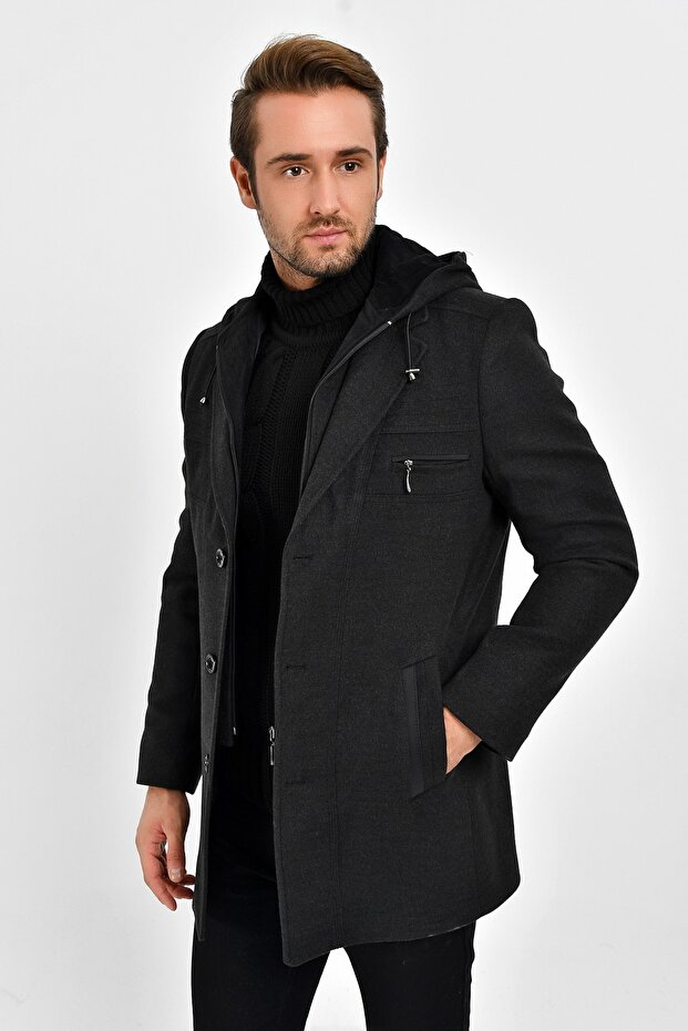 Men's Smoked Wool Blended Cashmere Hooded Zippered Front and Buttoned Coat - 1