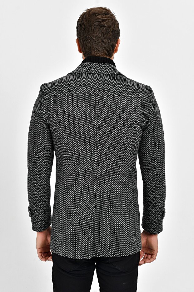 Men's Gray Wool Blended Patterned Stamp Double Breasted Buttoned - 4