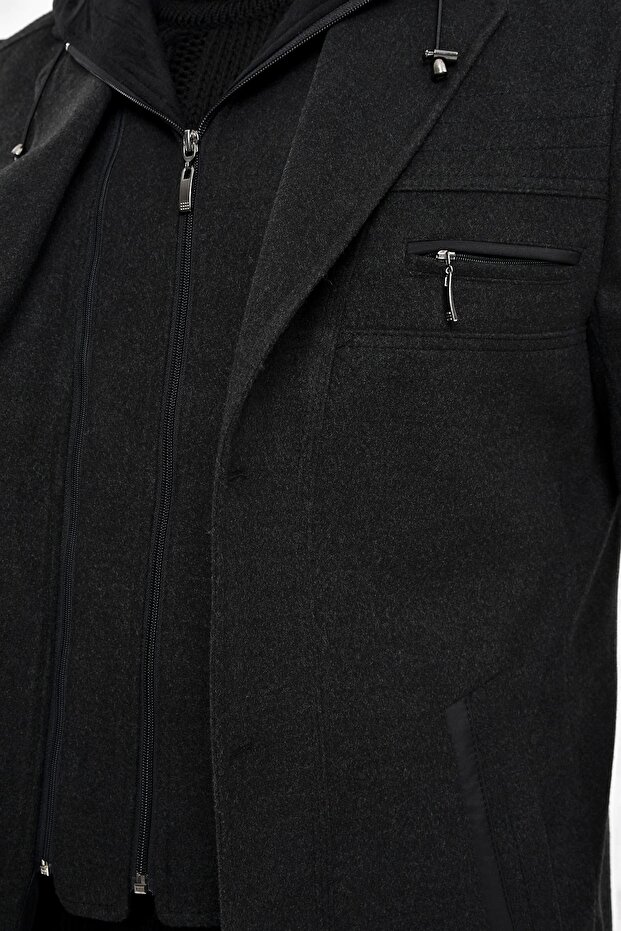 Men's Smoked Wool Blended Cashmere Hooded Zippered Front and Buttoned Coat - 4