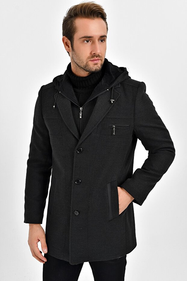 Men's Smoked Wool Blended Cashmere Hooded Zippered Front and Buttoned Coat - 3