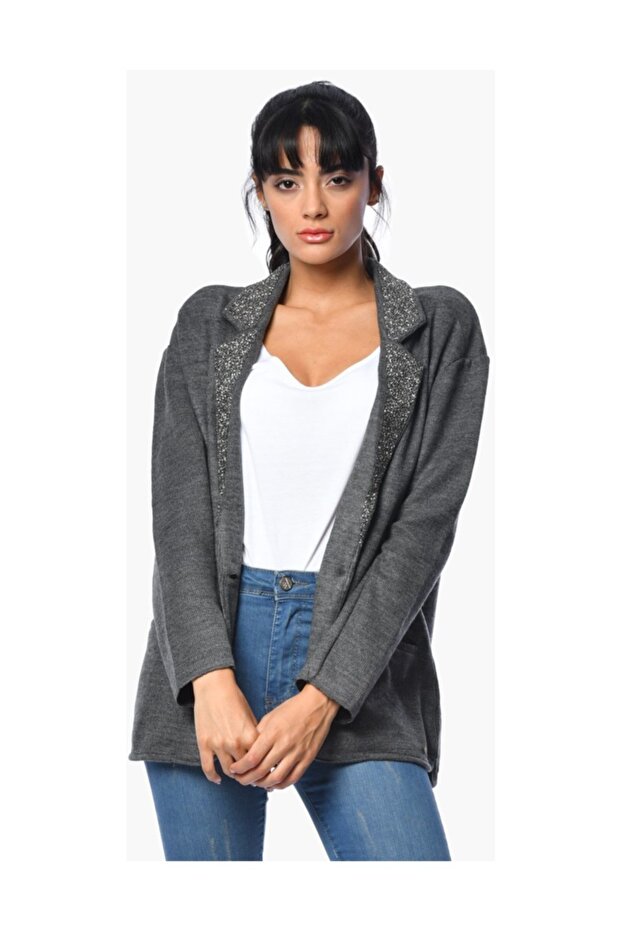 Yakası Pullu Ceket - Antrasit - 1