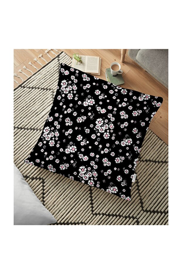 White Flowers on Black Floor Digital Printed Floor Cushion - 70 x 70 cm