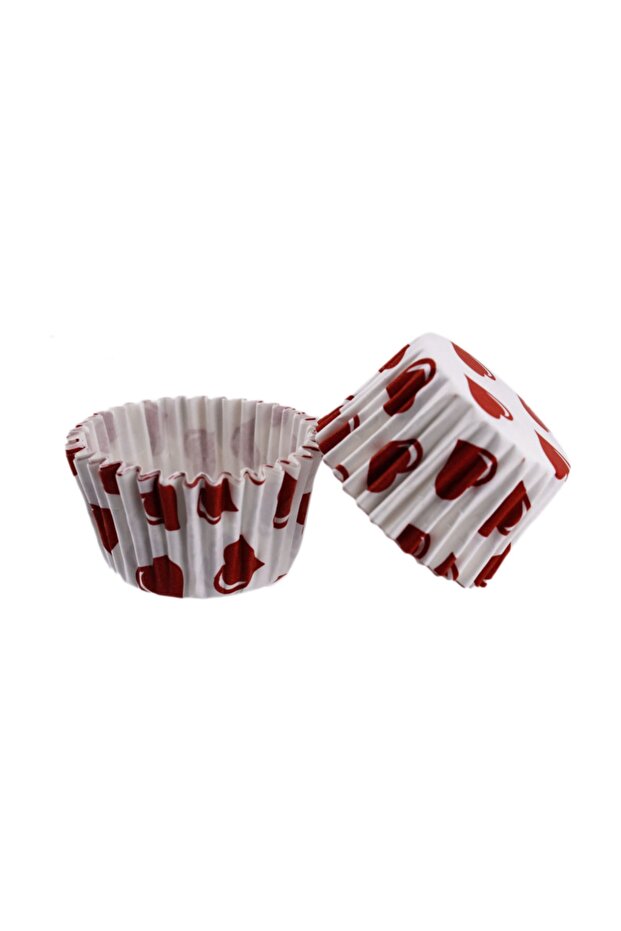 Cupcake Mold, PET Capsule Cake Mold, 48x34 mm (100 Pieces), White with Red Heart Patterned