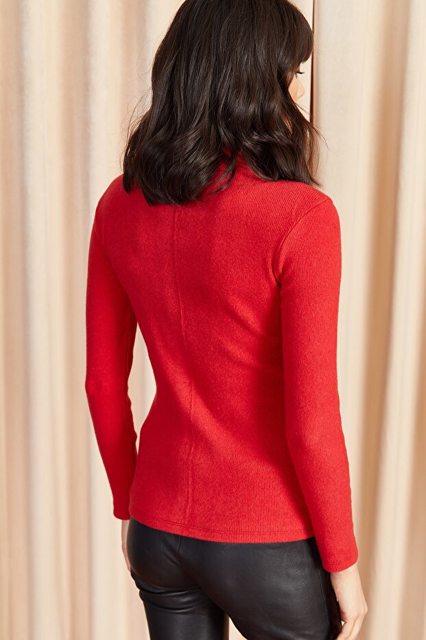 Damska czerwona bluzka typu rybak z podwyższonym dekoltem BLZ-19000599 - 5