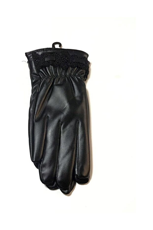Siyah Renk Kadın Suni Deri Eldiven - 2