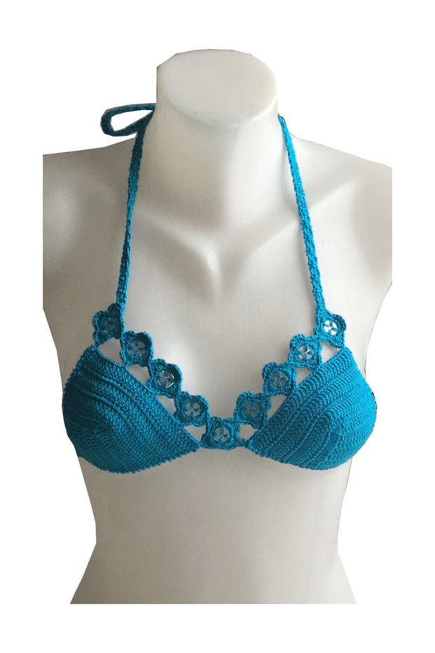Hand Knitted Bikini Top Turquoise (36-38)