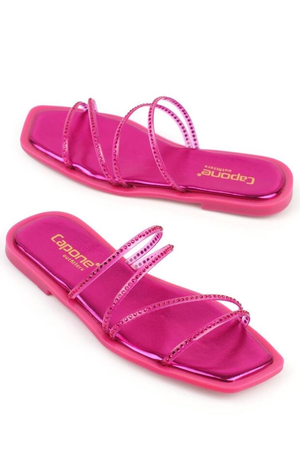 Capone Blunt Toe köves szalagos, lapos sarkú fukszia női papucs - 1