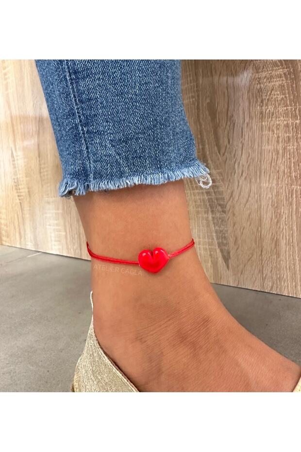 Red Murano Glass Heart Rope Anklet