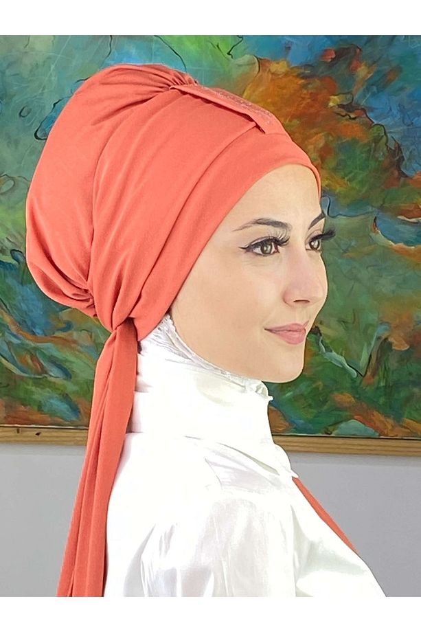 Hürrem Model Tek Biritli Atkılı Taşlı Turuncu Bone - 3