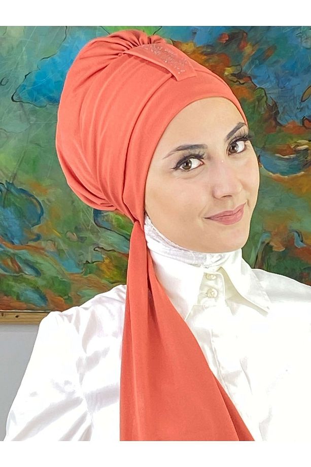 Hürrem Model Tek Biritli Atkılı Taşlı Turuncu Bone - 4