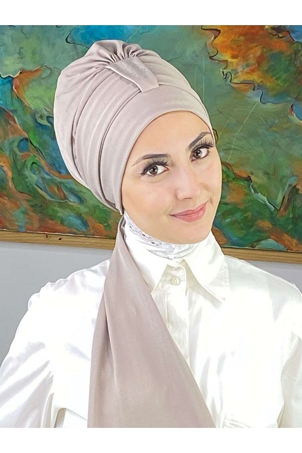Hürrem Model Tek Biritli Atkılı Taşlı Taş Rengi Bone - 2