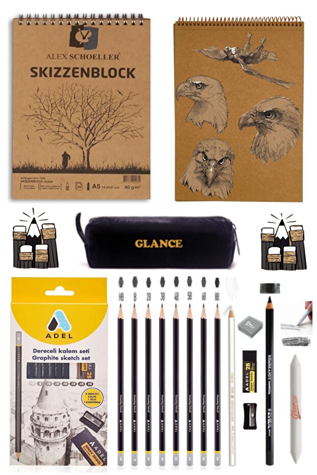 Alex Schoeller Kraft A5 Top Spiraled 50 yp Adel Graduated Pencil Set 8 Pieces Sketch Drawing Set