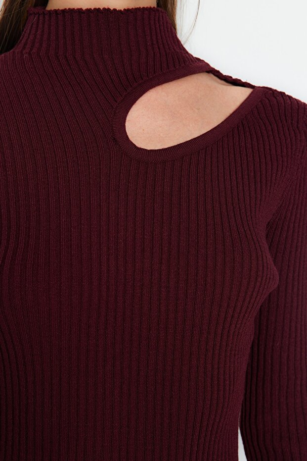 Mürdüm Midi Cut Out/Pencere Detaylı Triko Elbise TWOAW24EL00028 - 5