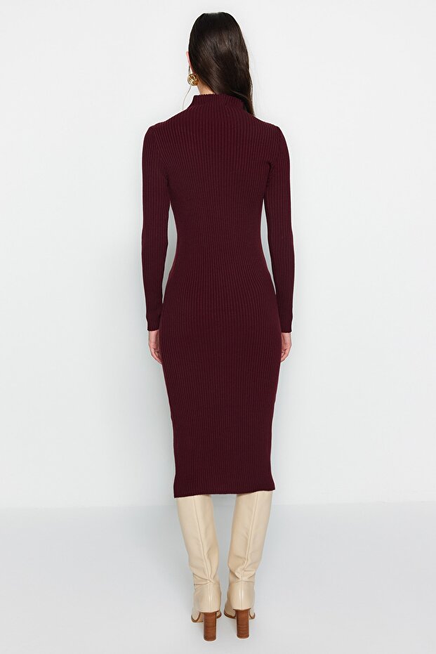 Mürdüm Midi Cut Out/Pencere Detaylı Triko Elbise TWOAW24EL00028 - 6