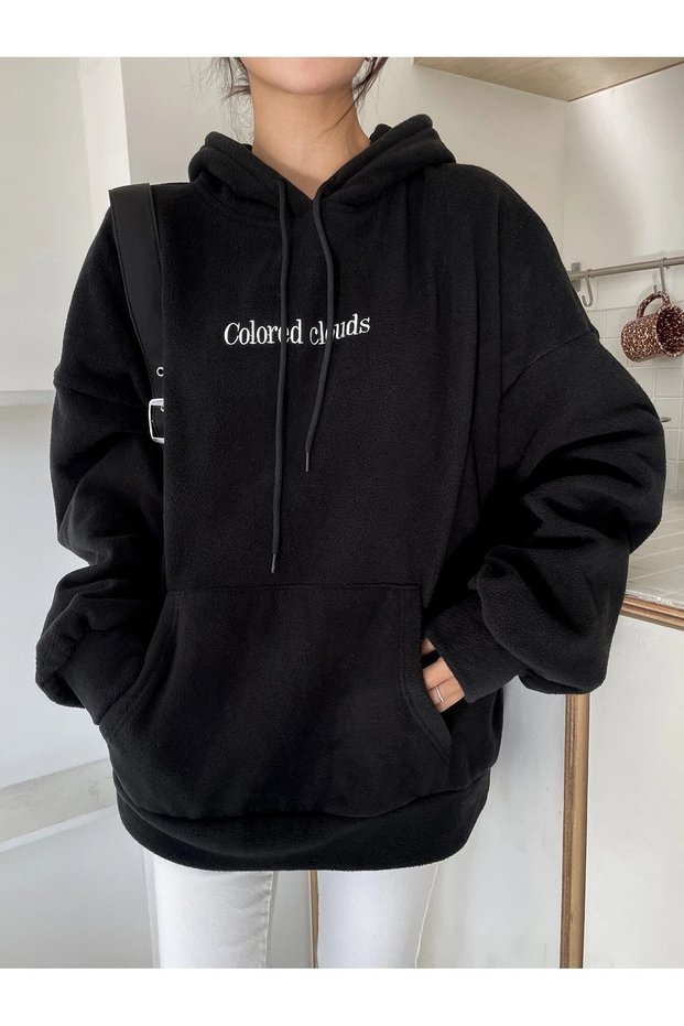 Colored Clouds Sweatshirt - Black Printed Oversize Ribbon Hoodie