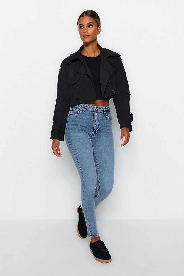 Tmavě modré elastické skinny džíny s vysokým pasem obepínající postavu TWOAW24JE00070 - 2