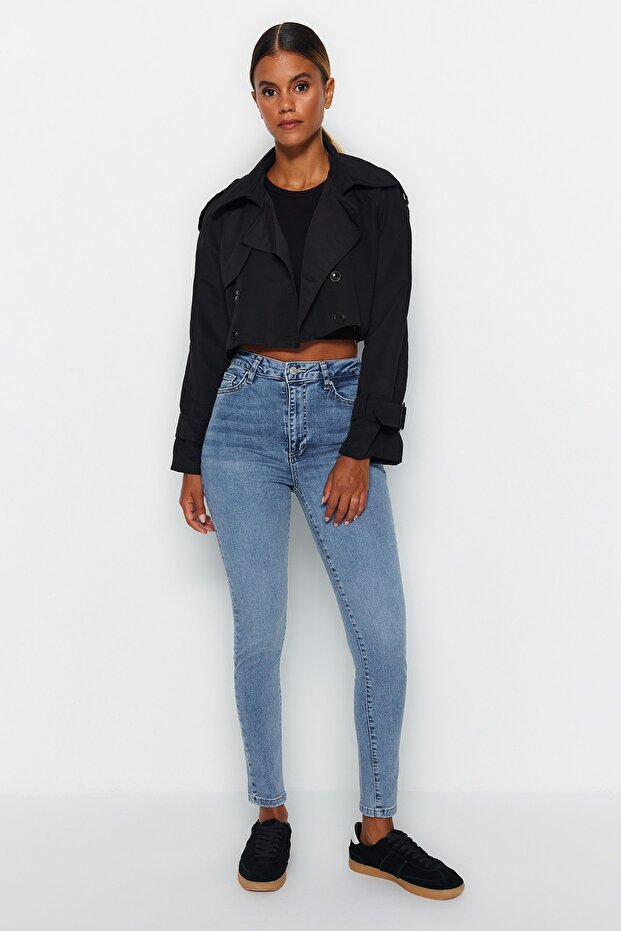 Tmavě modré elastické skinny džíny s vysokým pasem obepínající postavu TWOAW24JE00070 - 1